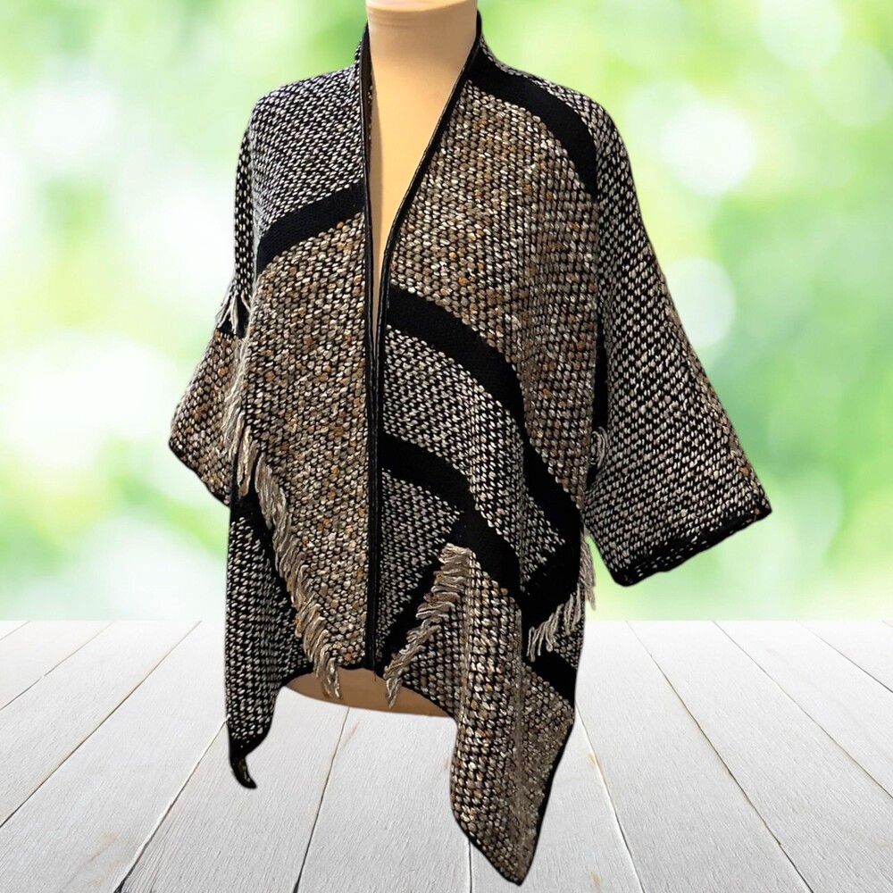 CHICOS Cardigan Sweater Asym Fringe Pleather Trim Kimono Sleeve Boho Sz 1 (M)